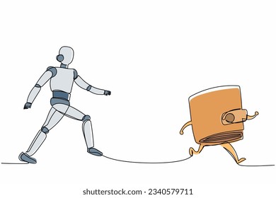 Single continuous line drawing robot run chasing wallet. Digital e-wallet for saving e-money. Robotic artificial intelligence. Electronic technology industry. One line draw design vector illustration