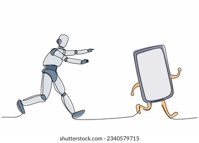 Single continuous line drawing robot run chasing smartphone. Communication revolution. Robotic artificial intelligence. Electronic technology industry one line draw graphic design vector illustration