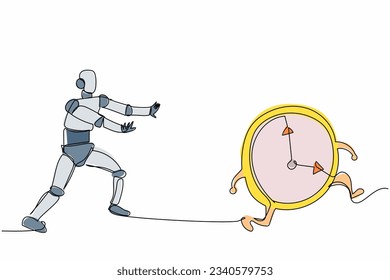 Single continuous line drawing robot chase clock time. Time management in processing factory. Robotic artificial intelligence. Electronic technology industry. One line draw design vector illustration