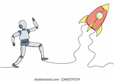 Single continuous line drawing robot run chasing rocket take off. Launching start up business tech. Robotic artificial intelligence. Electronic technology industry. One line draw graphic design vector