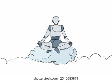 Single continuous line drawing robot meditates and resting in yoga position on clouds. Modern robotic artificial intelligence. Electronic technology industry. One line draw design vector illustration