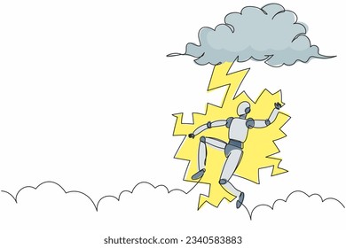 Single continuous line drawing robot struck by lightning from dark cloud. Bad luck, misery, disaster. Robotic artificial intelligence. Technology industry. One line graphic design vector illustration