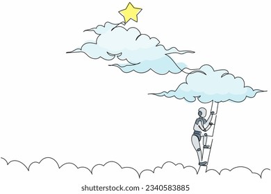 Single continuous line drawing robot climbing ladder to reach out for stars. Motivation to be success. Robotic artificial intelligence. Electronic technology. One line draw design vector illustration