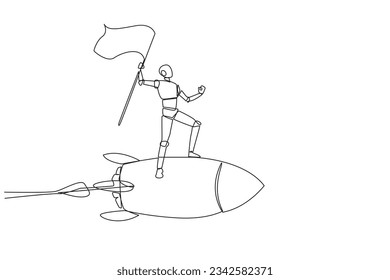 Single continuous line drawing of robot standing on flying rocket through the sky holding the flag. Entrepreneur make a robot to starting a new business startup. One line design vector illustration