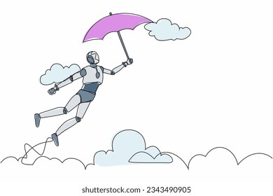 Single continuous line drawing robot flying in the sky with his umbrella. Modern robotic artificial intelligence. Electronic technology industry. Dynamic one line graphic design vector illustration