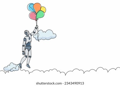 Single continuous line drawing robot floating with balloon. Robot holding balloon flying through cloud. Robotic artificial intelligence. Electronic technology. One line draw design vector illustration