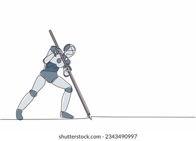 Single continuous line drawing robot mark goal with arrow, hit target on ground. Modern robotic artificial intelligence. Electronic technology industry one line draw graphic design vector illustration