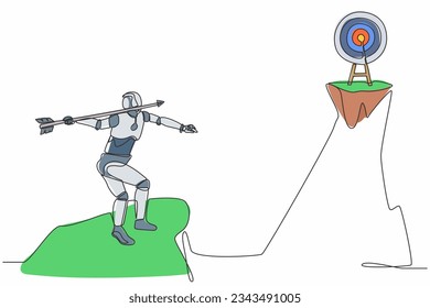 Single continuous line drawing robot standing on peak of cliff targeting arrow to dartboard. Modern robotic artificial intelligence. Electronic technology industry. One line draw graphic design vector