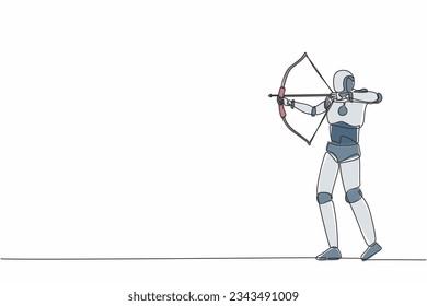 Single continuous line drawing robot trying to shoot target with blindfold. Modern robotic artificial intelligence. Electronic technology industry. One line draw graphic design vector illustration