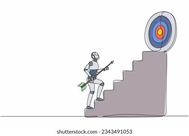 Single continuous line drawing robot holding arrow running up stairway to high target. Robotic artificial intelligence. Electronic technology industry. One line draw graphic design vector illustration