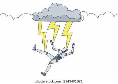 Single continuous line drawing robot struck by lightning or thunder from dark cloud. Robotic artificial intelligence. Electronic technology industry. One line draw graphic design vector illustration