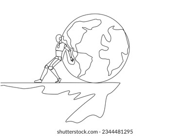 Single continuous line drawing robot pushes a large globe down on its back from the edge of cliff. Robots conquer the world. Future technology development. AI tech. One line design vector illustration