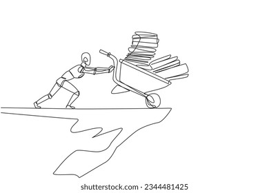 Single continuous line drawing robot pushes a wheelbarrow filled with piles of paper and binders down from the edge of the cliff. Robotic artificial intelligence. One line design vector illustration