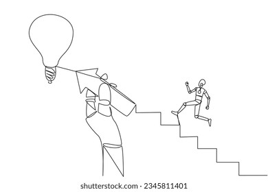 Single continuous line drawing robot climbs ladder, one of the steps in the shape of an arrow held in a large hand. Great teamwork reaching for lightbulb. AI tech. One line design vector illustration