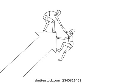 Single continuous line drawing a robot pulled the arm of another robot that almost fell from the big arrow. Team work to help colleagues. Growing together. Tech AI. One line design vector illustration