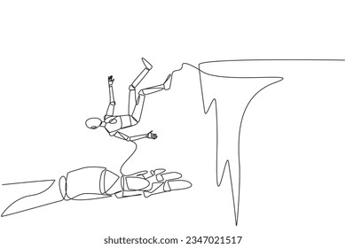 Single continuous line drawing robot fell off cliff but was held up by big hand. Teamwork to step up to a better arrow together. Future technology development. One line design vector illustration