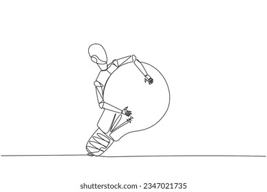 Single continuous line drawing robot hugging lightbulb. Has the idea to make robot that has human-like characteristics. Machine learning process. Future technology. One line design vector illustration
