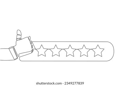 Der Roboter mit einer durchgehenden Linie hält sich neben 5 Sternen. Sternbewertung. Beste Prüfung. Feedback-Konzept. Kauferlebnis. Bewertung des Kunden. Technologie. Eine Linie design, Vektorgrafik-Illustration