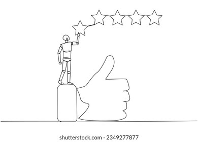 Single continuous line drawing robot standing on the thumbs up wants to attach the stars to form 5 stars in a row. Give review or good feedback. Artificial intelligence. One line vector illustration