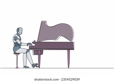 Single continuous line drawing robot sitting and playing grand piano on stage. Modern robotic artificial intelligence. Electronic technology industry. One line draw graphic design vector illustration