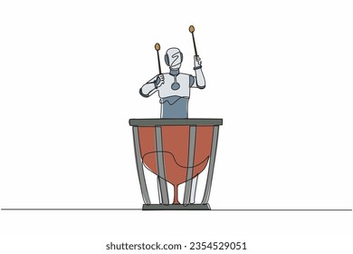 Single continuous line drawing robot percussion player holding stick and play timpani. Robotic artificial intelligence. Electronic technology industry. One line draw graphic design vector illustration