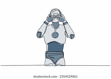 Un robot de dibujo de línea continua parado cubriendo los ojos con las manos por disgusto y reticencia a ver algo. Inteligencia artificial robótica. Ilustración vectorial de diseño de una línea