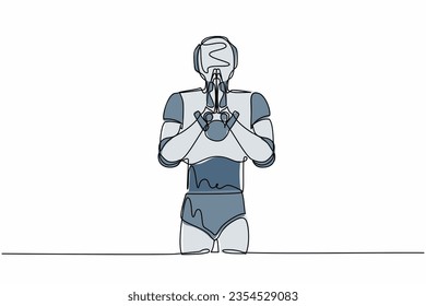 Single continuous line drawing robot standing with holding palms in prayer. Robot emotion, body language gesture. Modern robotic artificial intelligence. One line graphic design vector illustration