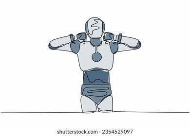 Single continuous line drawing robot standing with thumb down sign gesture. Dislike, disagree, disappointment, disapprove, no deal. Robotic artificial intelligence. One line design vector illustration