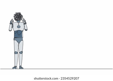 Single continuous line drawing robot with round scribbles instead of head. Confused robot standing and showing thumbs up gesture. Robotic artificial intelligence. One line design vector illustration