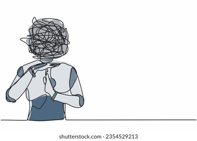 Single continuous line drawing robot with round scribbles instead of head. Stop working, time break gesture, timeout signal. Pause. Robotic artificial intelligence. One line design vector illustration