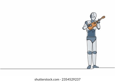 Single continuous line drawing robot playing ukulele or small guitar and singing having fun. Robotic artificial intelligence. Electronic technology industry. One line draw design vector illustration