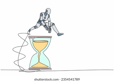 Single continuous line drawing robot jumping over hourglass. Business scheduling and time management concept. Modern robotic artificial intelligence. One line draw graphic design vector illustration