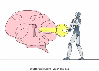 Single continuous line drawing robot putting key into brain. Unlock personality for better healthy. Open mind. Modern robotic artificial intelligence. One line draw graphic design vector illustration