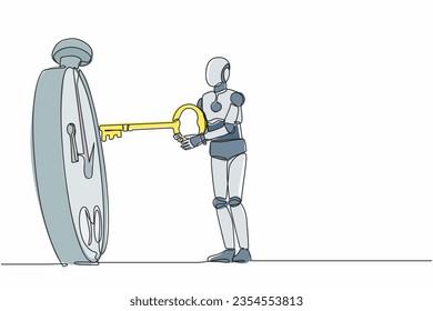 Single continuous line drawing robot putting big key into stopwatch. Effective planning for productive work. Modern robotic artificial intelligence. One line draw graphic design vector illustration