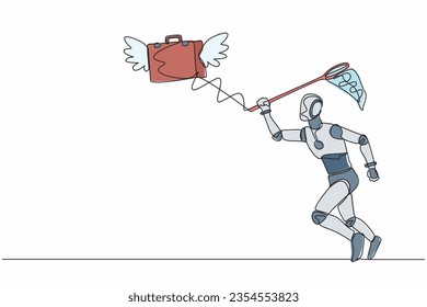 Single continuous line drawing robot try to catch flying briefcase with butterfly net. High performance tech company. Robotic artificial intelligence. One line draw graphic design vector illustration