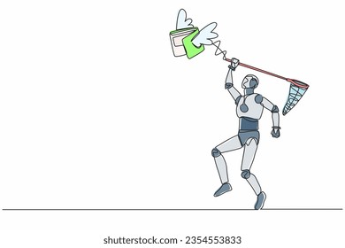Single continuous line drawing robot try to catching flying wallet with butterfly net. Losing money in failed tech industry. Robotic artificial intelligence. One line draw design vector illustration