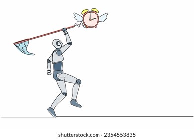 Single continuous line drawing robot try to catching flying alarm clock with butterfly net. Robot working with deadlines, out of time. Artificial intelligence. One line draw design vector illustration