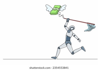 Single continuous line drawing robot try to catching flying money stacks with butterfly net. Budget spending, bill expenses. Electronic technology industry. One line graphic design vector illustration