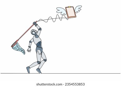 Single continuous line drawing robot try to catching flying clipboard with butterfly net. Technology for checklist document. Robotic artificial intelligence. One line draw design vector illustration