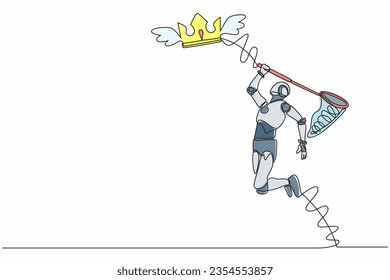 Single continuous line drawing robot try to catching flying crown with butterfly net. Royal, luxury, vip, robotic kingdom sign. Robot artificial intelligence. One line draw design vector illustration