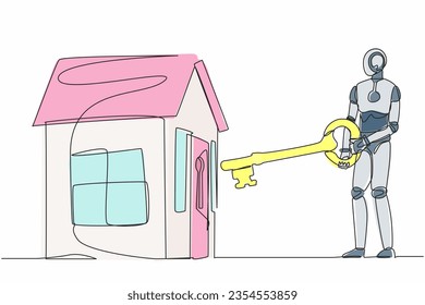 Single continuous line drawing robot putting big key into house. Investing money in real estate. House loan, property mortgage. Robot artificial intelligence. One line draw design vector illustration