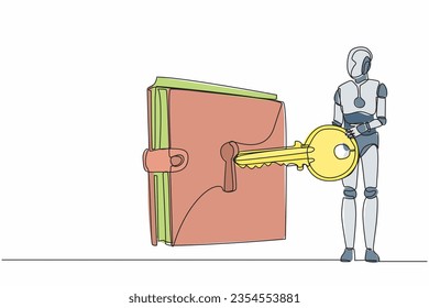 Single continuous line drawing robot put big key into wallet. Money protection financial security. Digital purse for shopping. Robotic artificial intelligence. One line draw design vector illustration