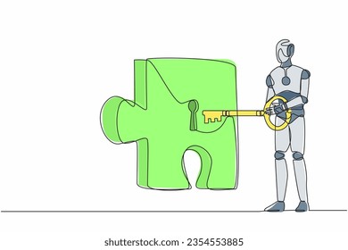 Un robot de dibujo de línea continua que pone una gran llave en la pieza del rompecabezas. Trabajo en equipo y colaboración para resolver tareas complicadas. Inteligencia artificial robótica. Ilustración vectorial de diseño gráfico de una línea