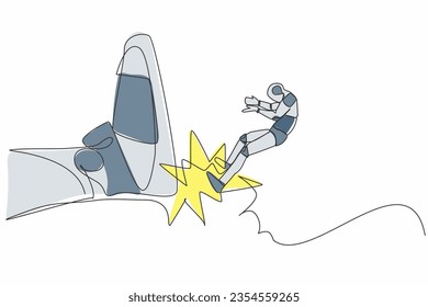 Single continuous line drawing robot kicked out by big foot. Bankruptcy, insolvency. Robot become unemployed. Modern robotic artificial intelligence. One line draw graphic design vector illustration