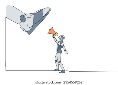 Single continuous line drawing robot speaking with megaphone under giant shoe. Boot of army machine stepping on robot. Robotic artificial intelligence. One line draw graphic design vector illustration