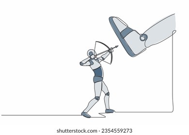 Single continuous line drawing robot aiming bow against giant shoes stomping. Robot archering against giant foot step. Robotic artificial intelligence. One line draw graphic design vector illustration