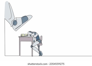 Single continuous line drawing robot sleeping on pile of paper on desk under big foot stomp. Overworking, stress, overload. Robotic artificial intelligence. One line graphic design vector illustration
