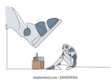 Single continuous line drawing robot sitting on the floor near office supplies under big foot stomp. Unemployment, dismissal. Robotic artificial intelligence. One line draw design vector illustration