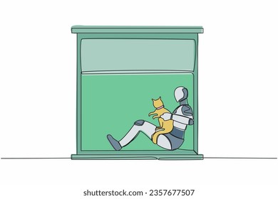 Single continuous line drawing robot with his pet cat sitting in windowsill. Friendship social concept. Artificial intelligence and machine learning processes. One line draw design vector illustration