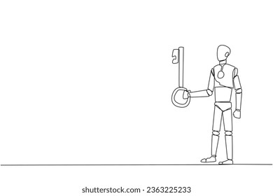 Einfach-Strangziehroboter, der den Schlüssel hält. Ein wichtiger Schlüssel zur Gewinnsteigerung wurde gesichert. Bereit, ein wichtiges Erbe für Verwandte zu werden. AI-Technologie. Eine Linie, Vektorgrafik